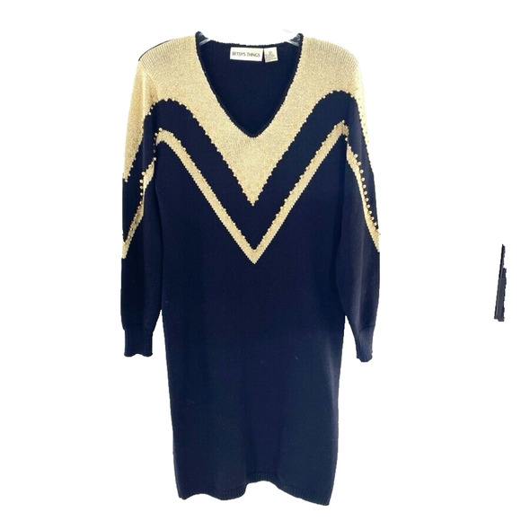 VTG Betsys Things Sweater Dress Sz L Black Gold Beaded Glam Holiday 80s V-Neck - Picture 1 of 11